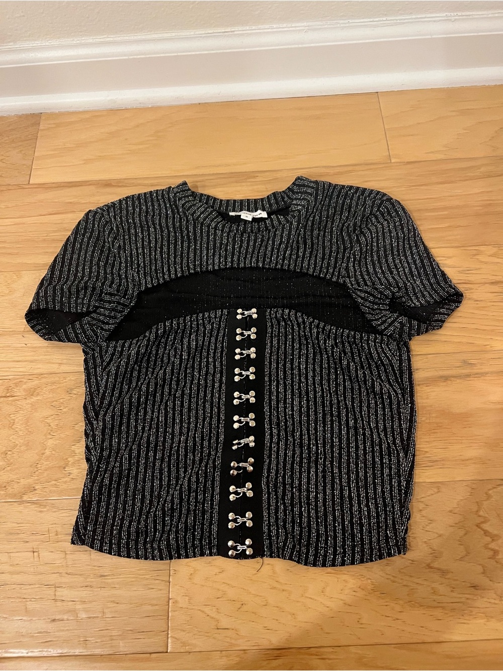 superdown Black Metallic-Thread Ribbed Short Sleeve Top